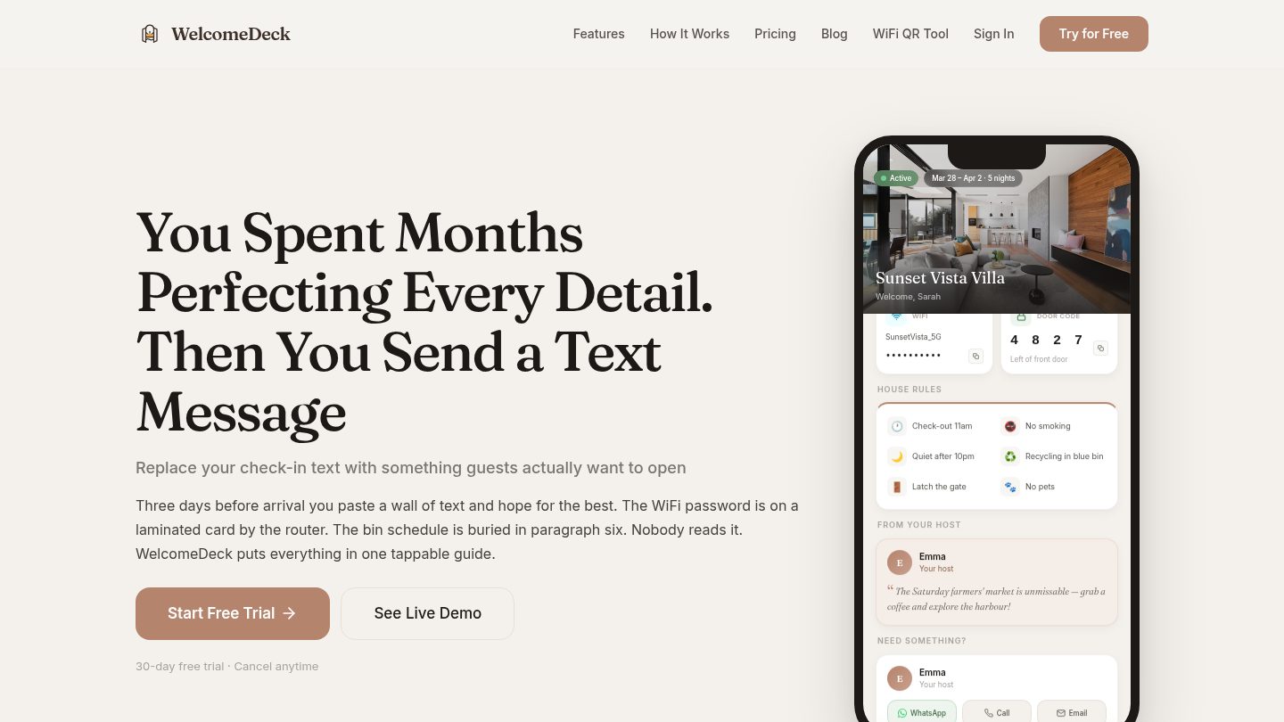 WelcomeDeck landing page with a phone showing a guest guide